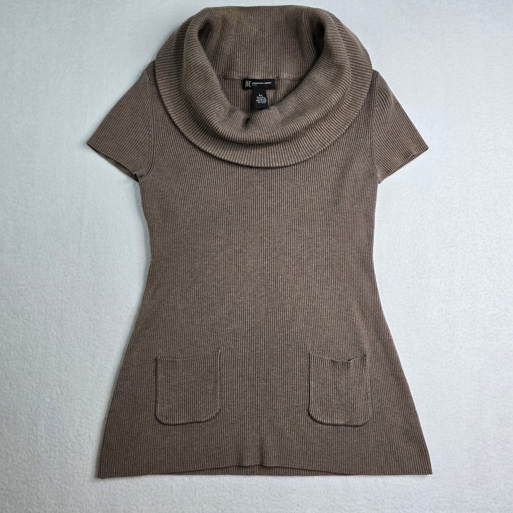 INC International Concepts Petite large Brown Ribbed Cowl Neck Tunic Sweater